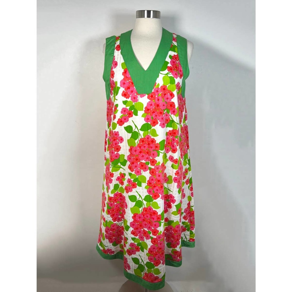 Floral Print A-Line Shift Dress L Midi V-Neck Sleeveless White Pink *Read
